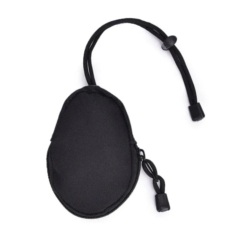 Black Oxford cloth outdoor key bag with telescopic rope, shown with zipper open, dimensions 13cm by 8cm.