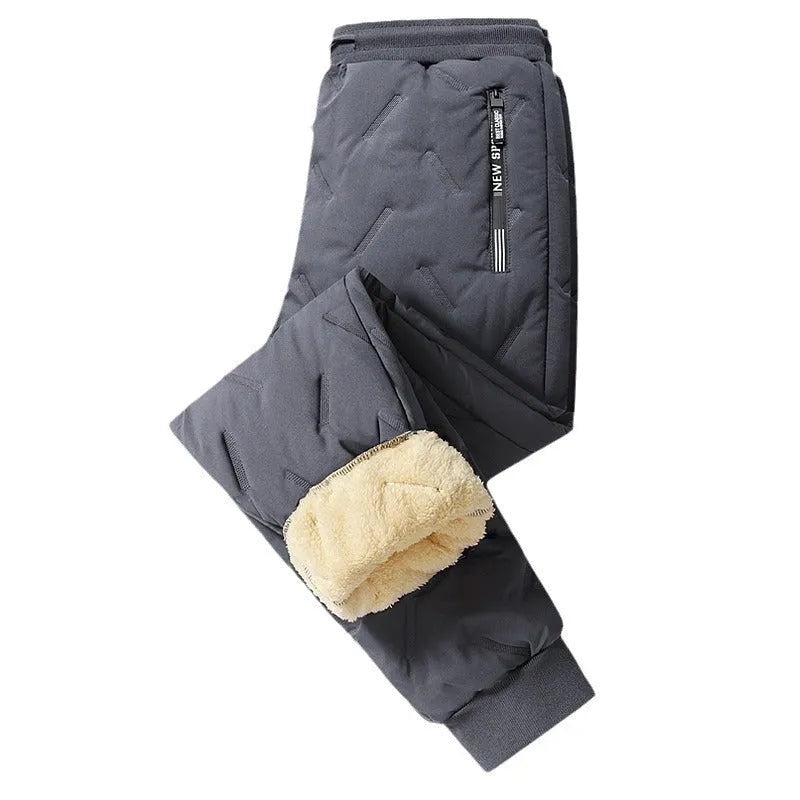 Men's winter fleece sweatpants in black straight-leg style with thick lambswool lining and elastic fabric