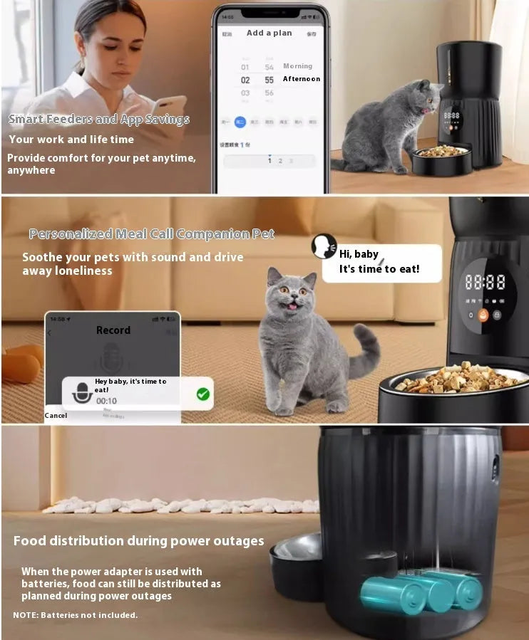Black and white automatic intelligent pet feeder with USB cable for timed, portion-controlled feeding.