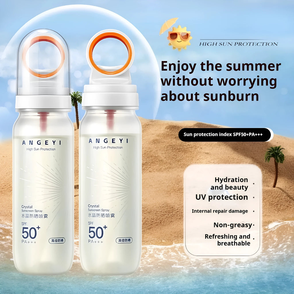SPF50 crystal sunscreen spray bottle with 90ml content for full body UV protection