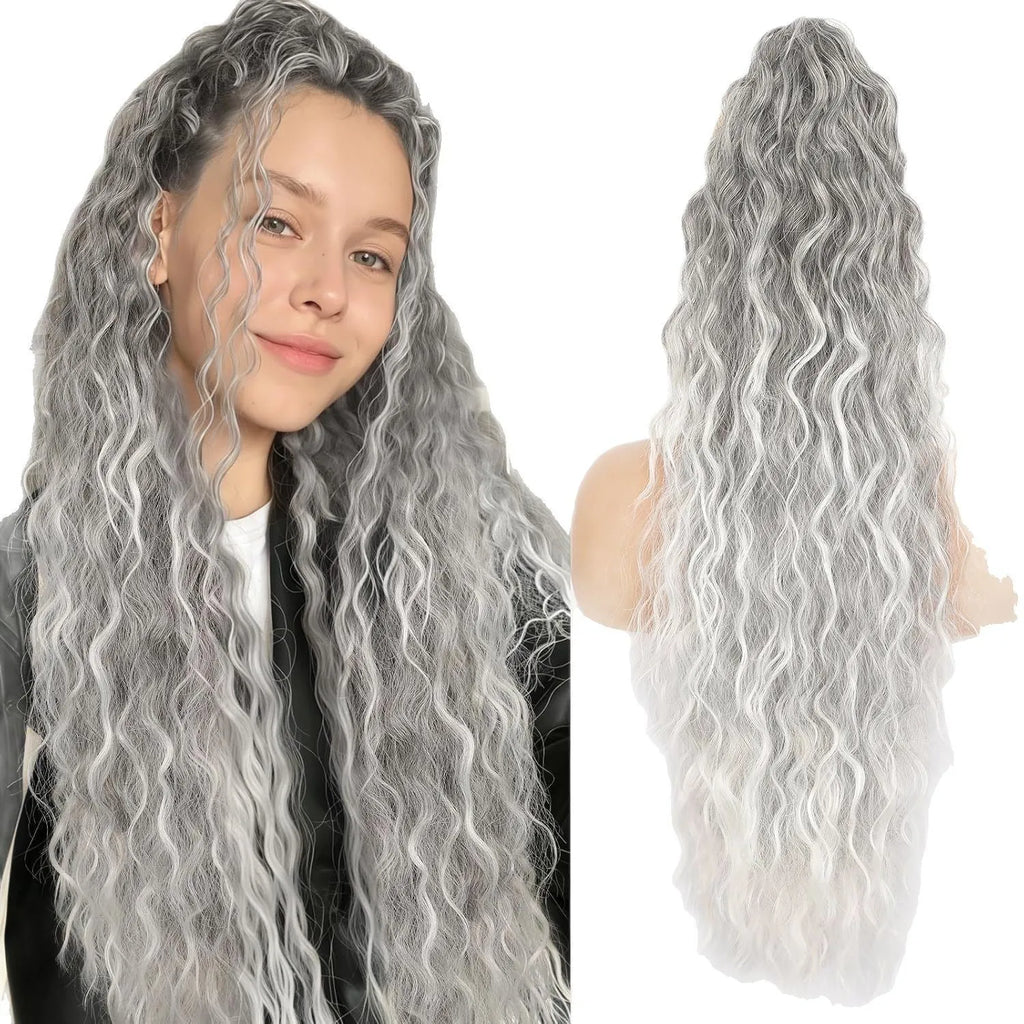 Long, fluffy curly synthetic ponytail wig in a high temperature fibre, shown in a 30-inch length.
