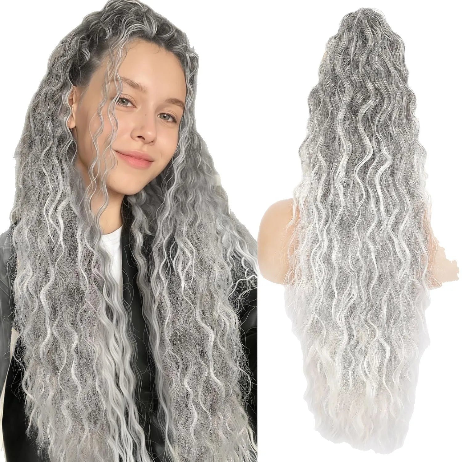 Long, fluffy curly synthetic ponytail wig in a high temperature fibre, shown in a 30-inch length.