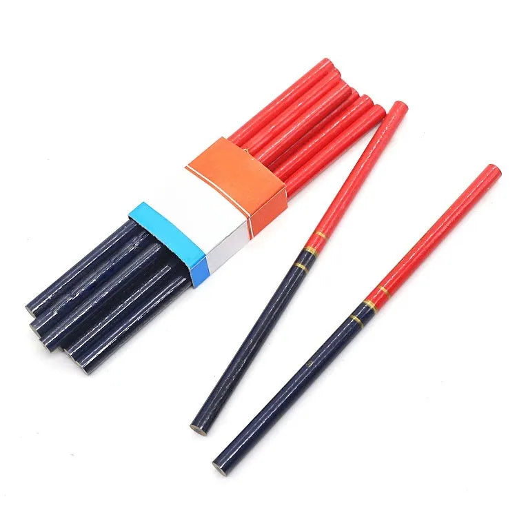 Ten red and blue two-tone round wooden carpenter's pencils for engineering and woodworking