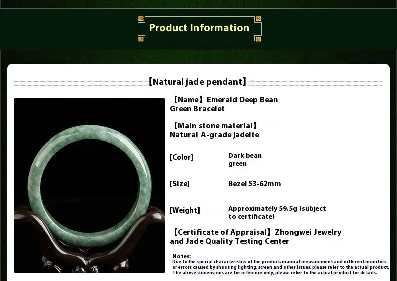 Natural emerald bean green ring bracelet for women, deep pea green colour, simple style, on white background