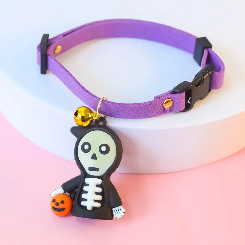 Halloween dog collar with glow-in-the-dark pumpkin man design in adjustable polyester construction