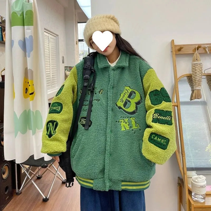 Plus size down lambswool cotton jacket for women in pink, green or blue, sizes M to 4XL, polyester college style