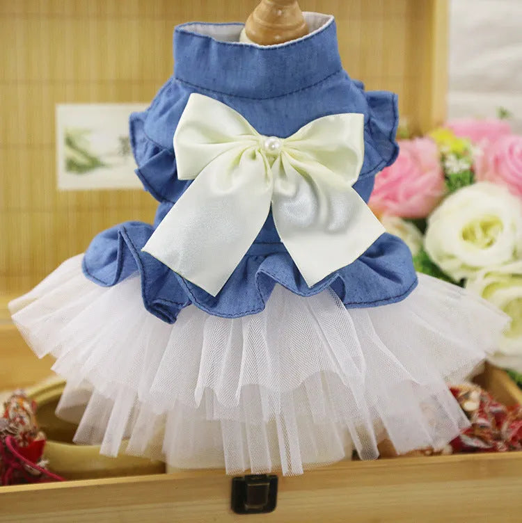 Korean version creative bow pet denim skirt in princess style for dogs, available in white or pink yarn