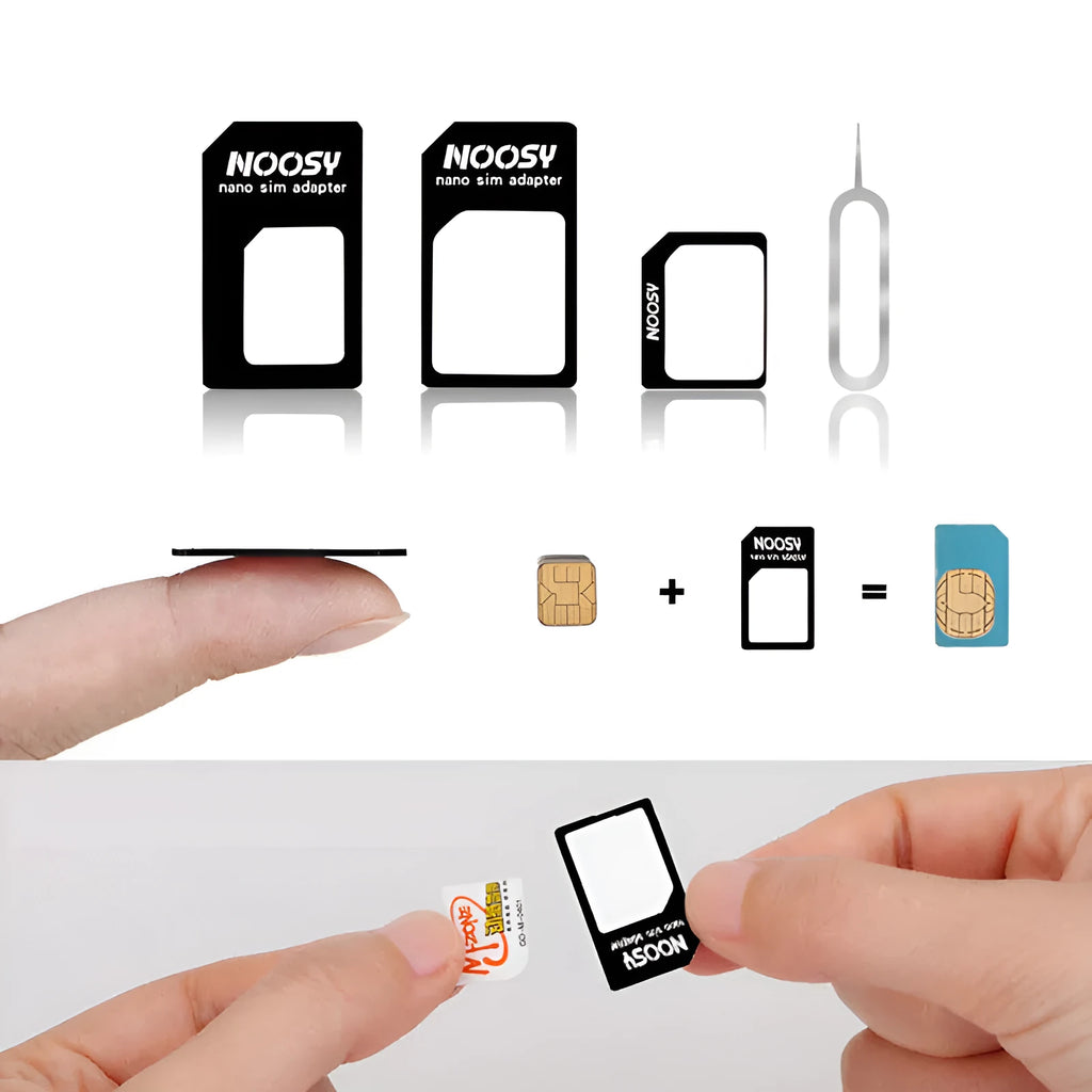 SIM restore four-in-one set showing three SIM adapters and card picking pin in black or white
