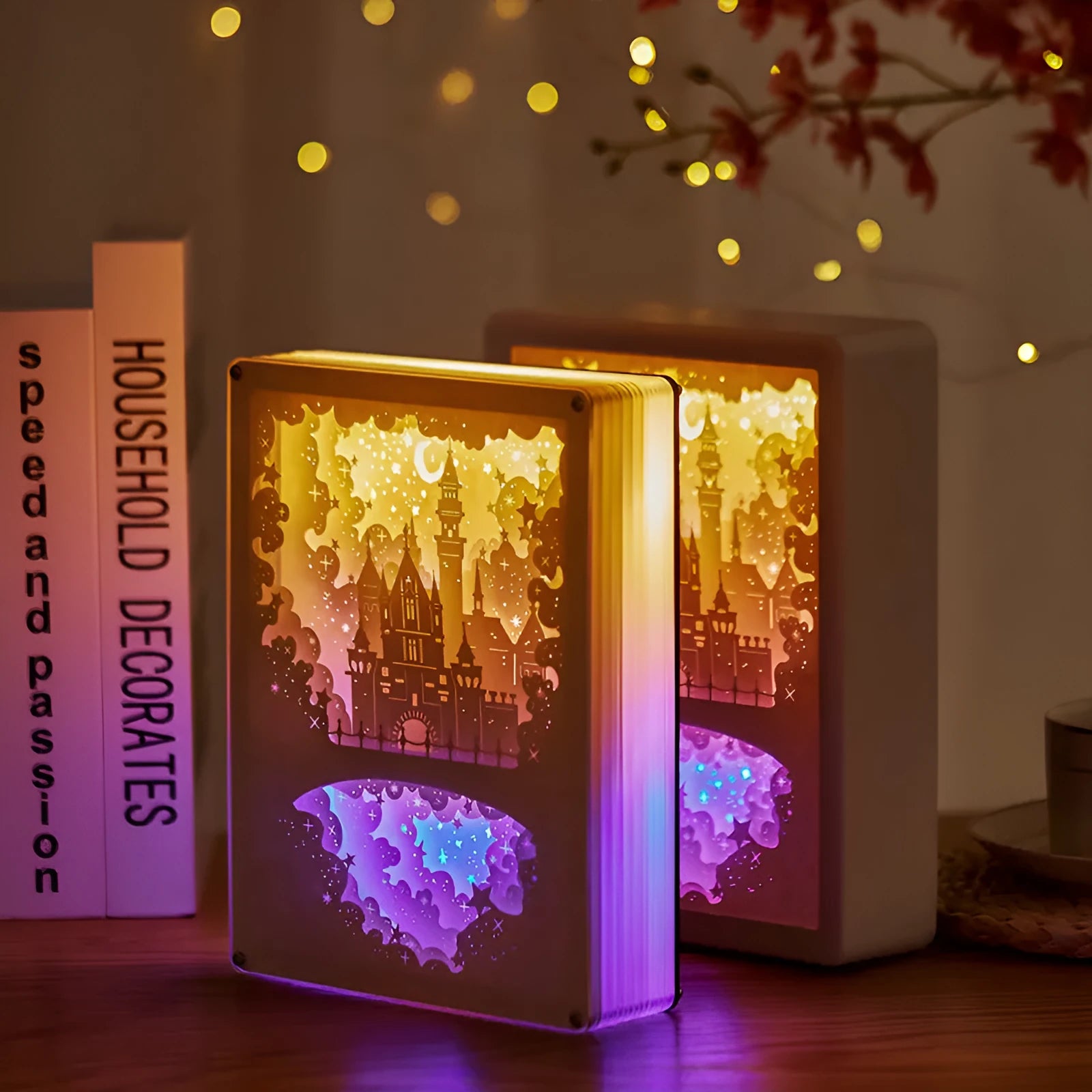 Modern white USB night light with a three-dimensional carved pattern and remote control on a wooden bedside table.