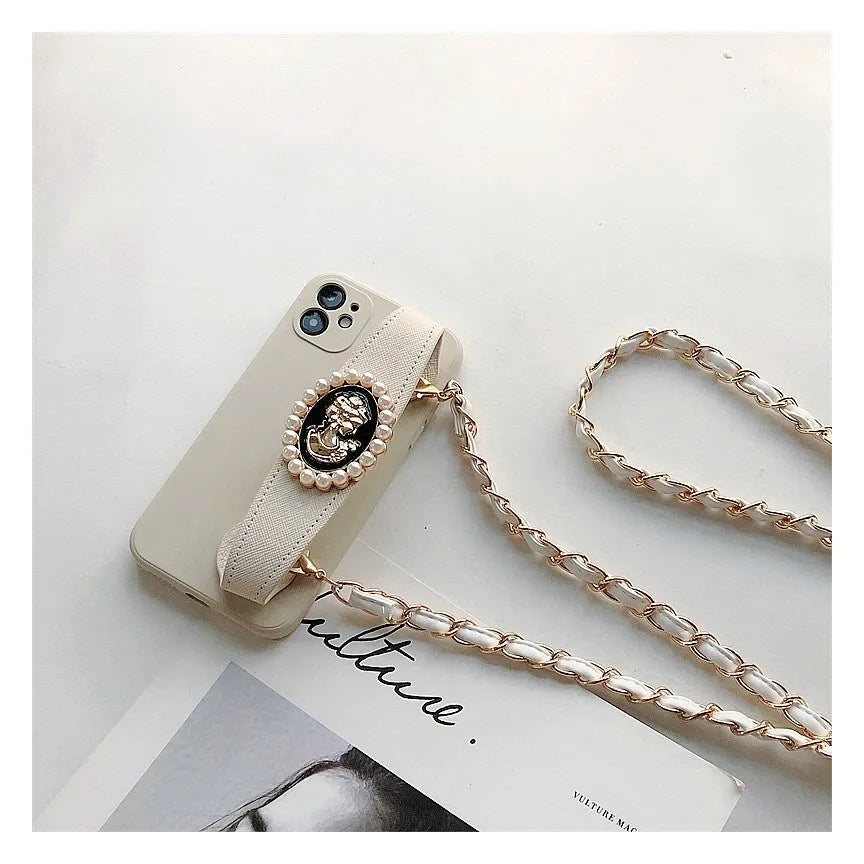 White TPU wrist strap crossbody chain protective phone case for iPhone with lanyard