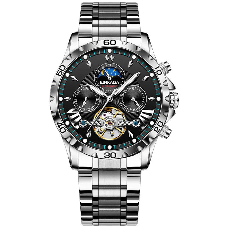 Full-automatic waterproof luminous mechanical watch for men with steel bracelet in black, 13mm thickness