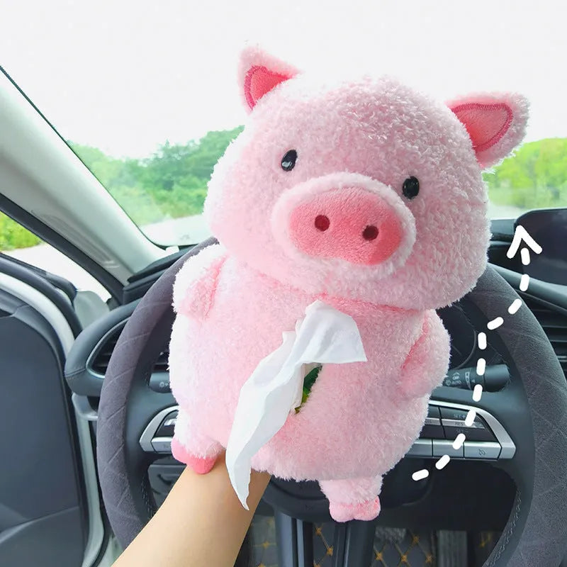 Soft plush lamb car tissue box cover on a car dashboard
