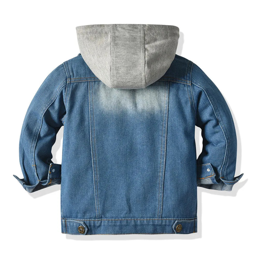 Children's grey hooded casual jacket with loose fit and lapel collar