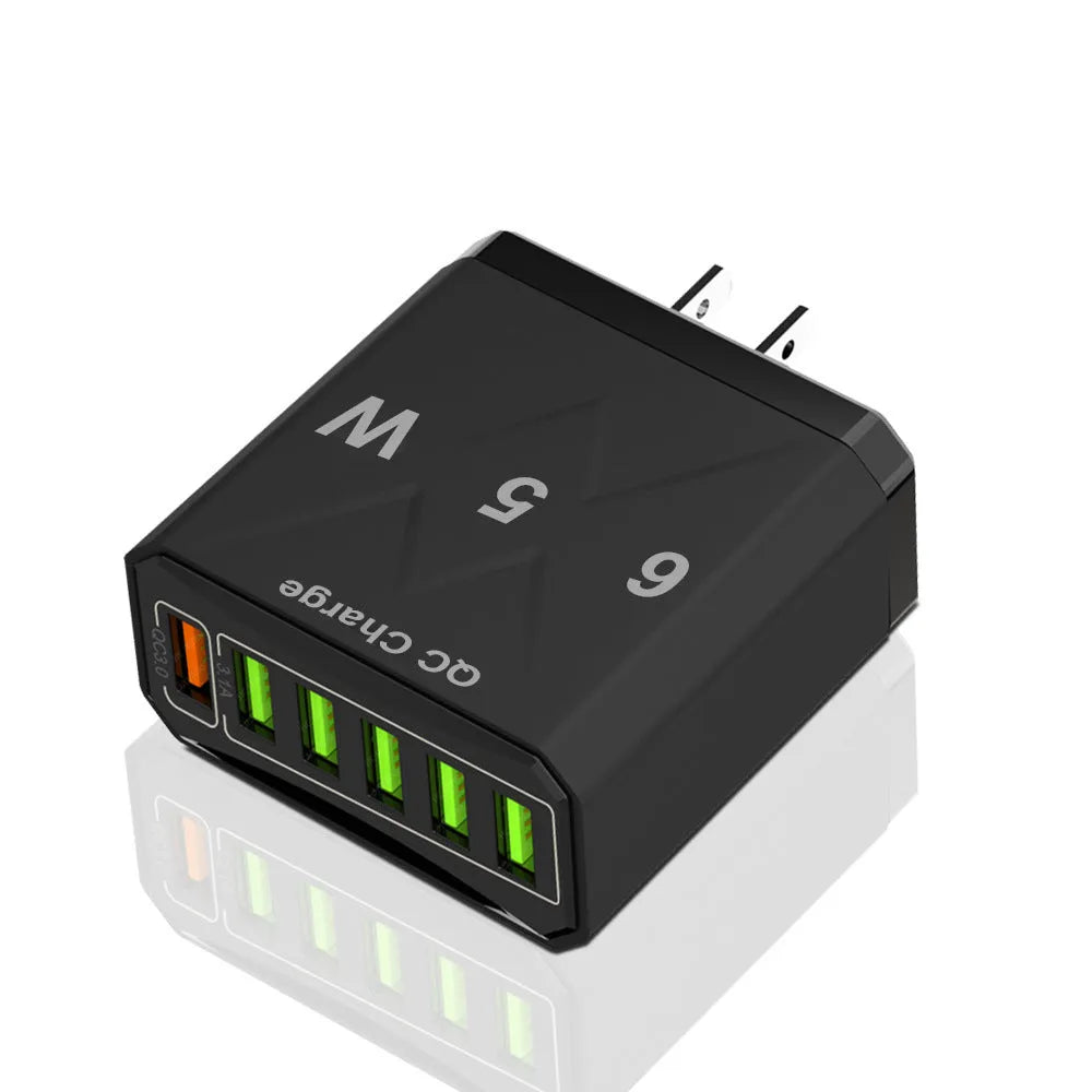 6-port USB charger in white or black with UK, EU or US plug standard, PC ABS body