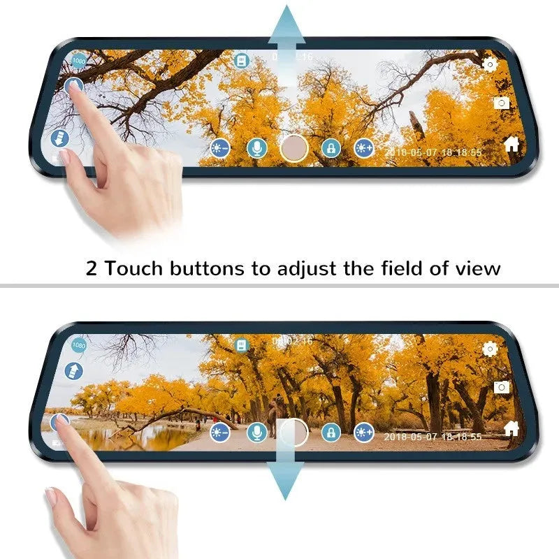 Car rearview mirror camera with 9.88 inch touch screen, motion detection, WiFi, and 1080p recording