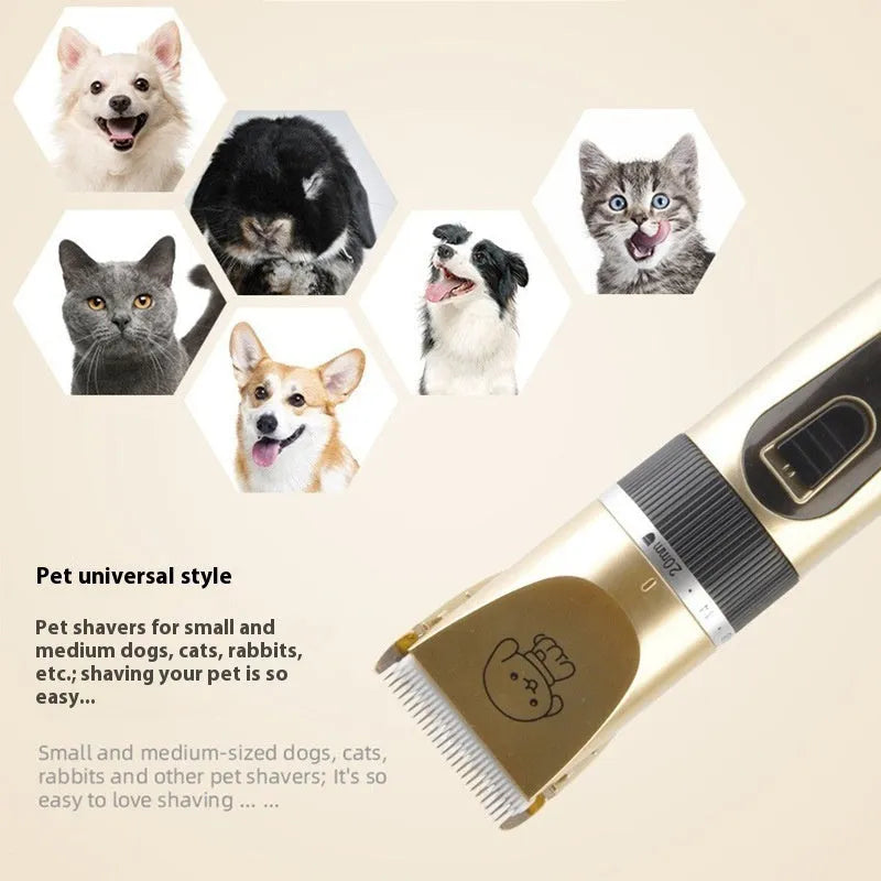 Electric pet hair cutter set with original cutter head, steel comb, black scissors, and pedicure device on white background