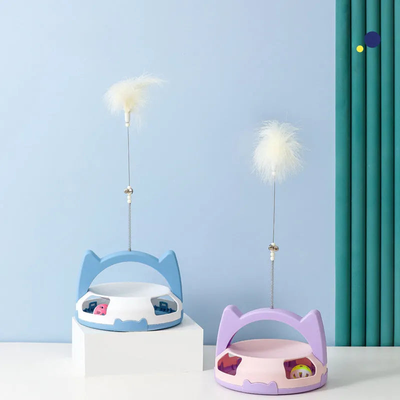 Bite-resistant cat stick toy with a colourful spinning ball attached, shown in blue, pink, purple, and yellow colour variants.