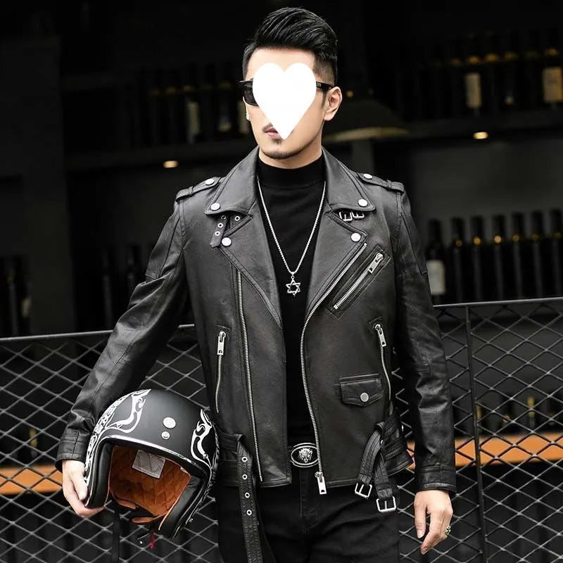 Men's black sheepskin leather jacket with lapel collar and front zipper, loose fit, shown on a model.