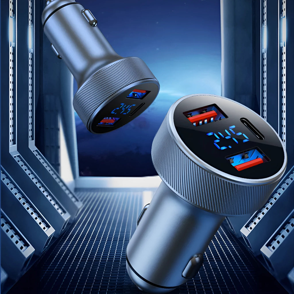 Black aluminium alloy car charger with digital display and three USB ports plugged into a vehicle socket.