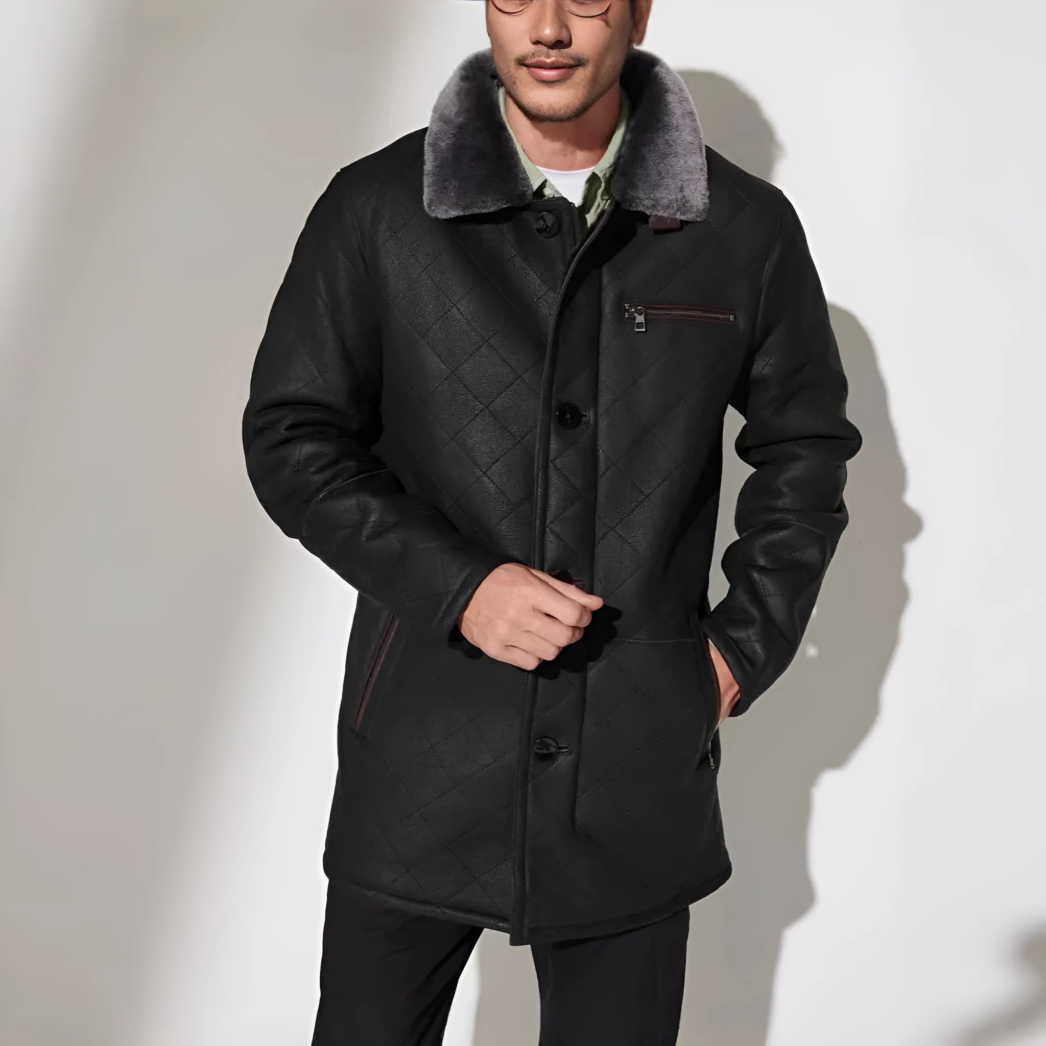 Quilted fur coat long button front women brown black blue polyester lining British style