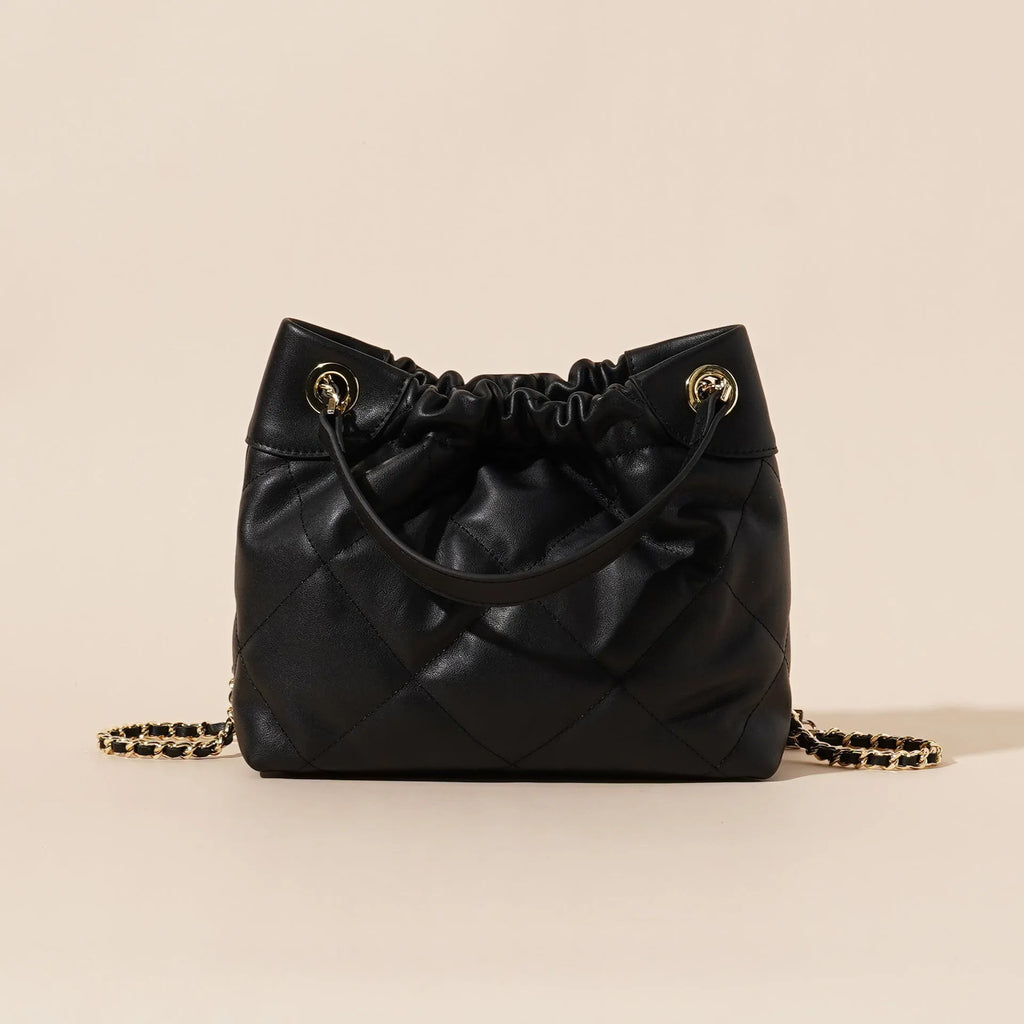 Black genuine leather bucket bag for women, first layer cowhide, urban simple style, large and small sizes available