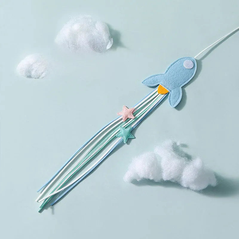Blue cat teaser toy with feather attachments on long bite-resistant pole for interactive play