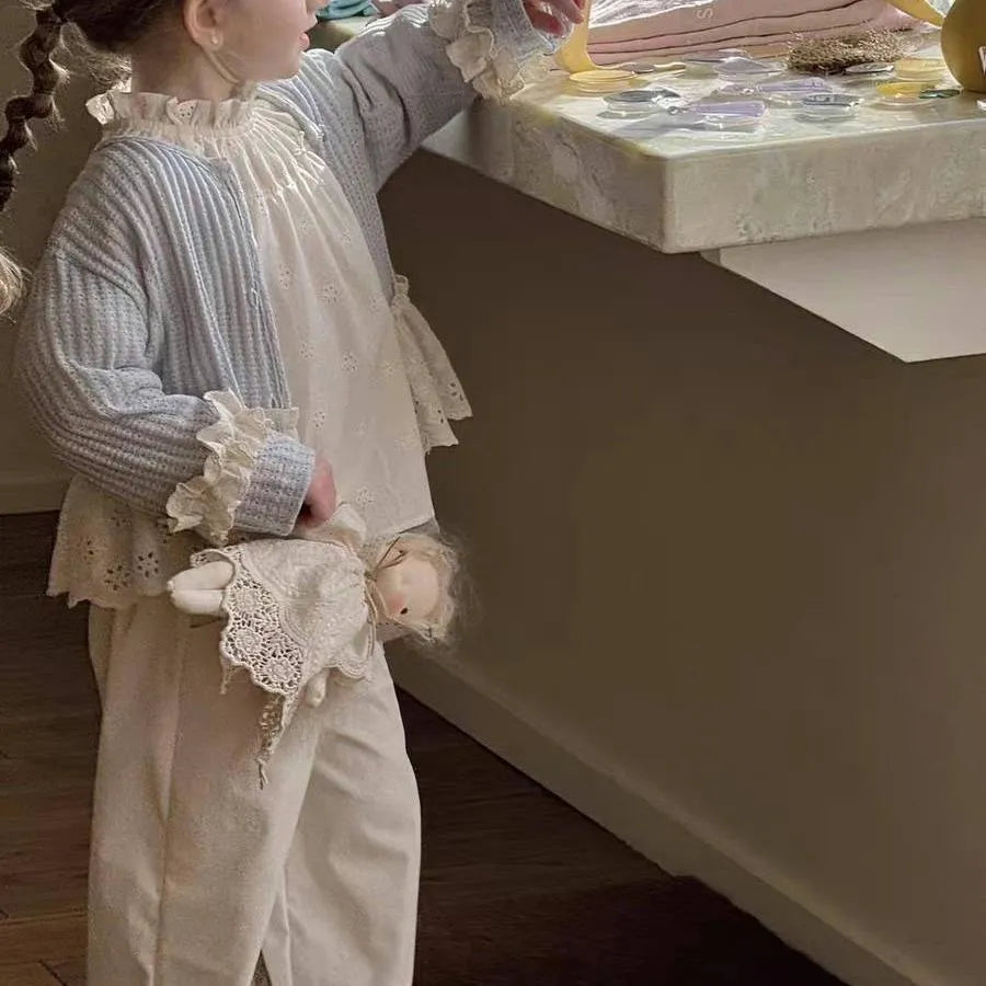 Girls' mori style three-piece suit with knitted cardigan, beige shirt, and patchwork wide-leg pants