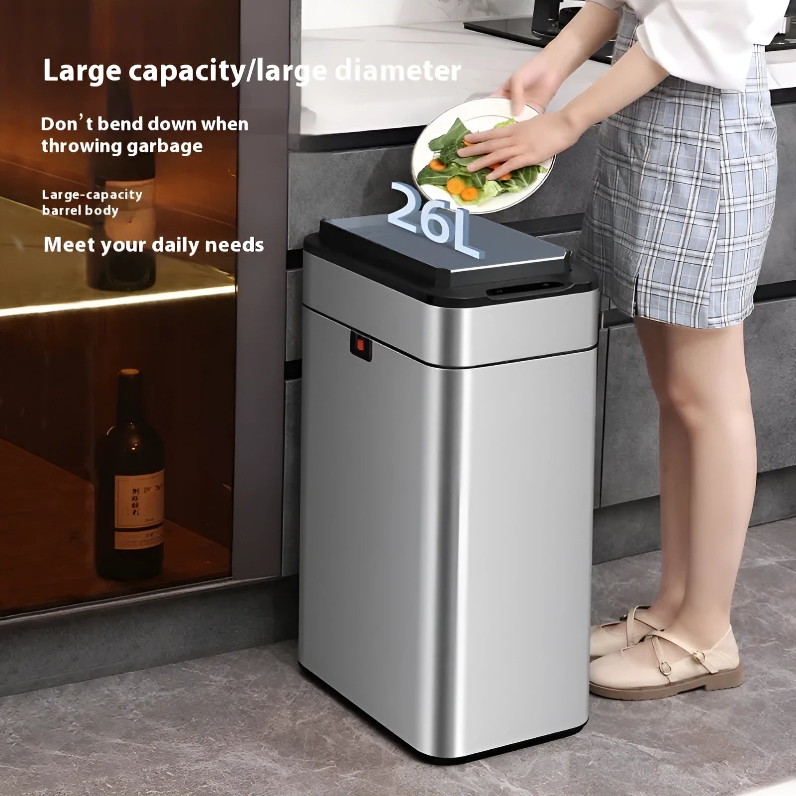 Stainless steel smart inductive trash can with square shape and automatic lid.
