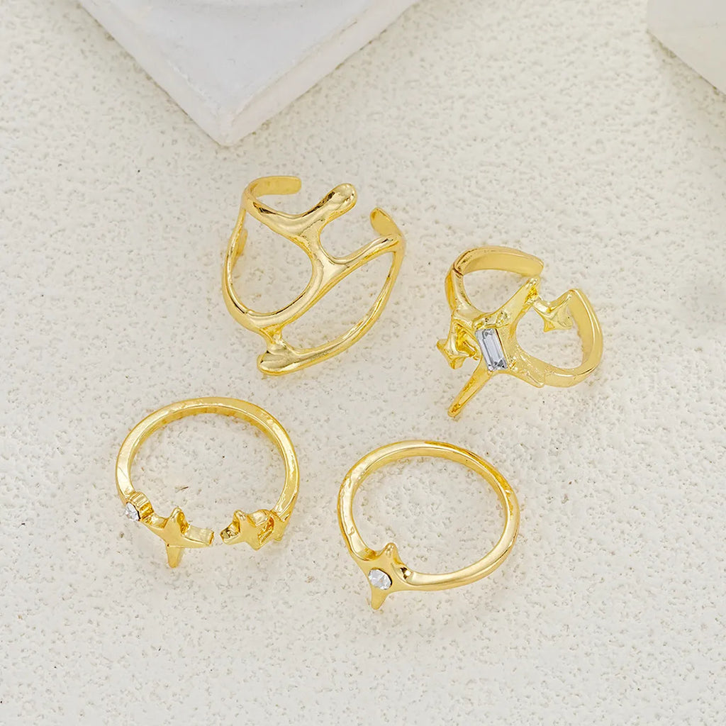 Geometric metal lava line four-piece ring set for women, electroplated mixed material, 4 Set colour, 8.5g