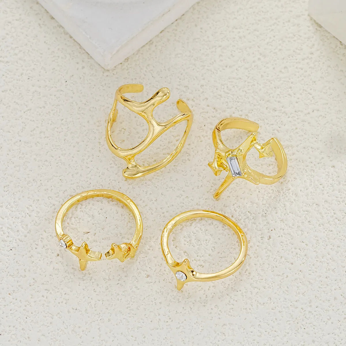 Geometric metal lava line four-piece ring set for women, electroplated mixed material, 4 Set colour, 8.5g