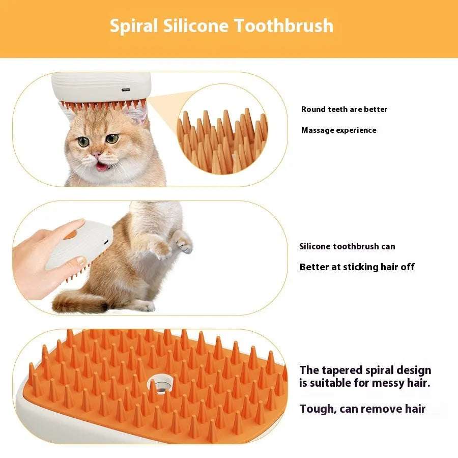 USB rechargeable cat steam brush in white and orange with ABS/TPR body, 11.8x6.8x5.5cm size