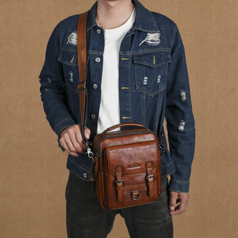 Genuine leather retro hand-rubbed top-grain cowhide shoulder bag for men light brown 8 inch