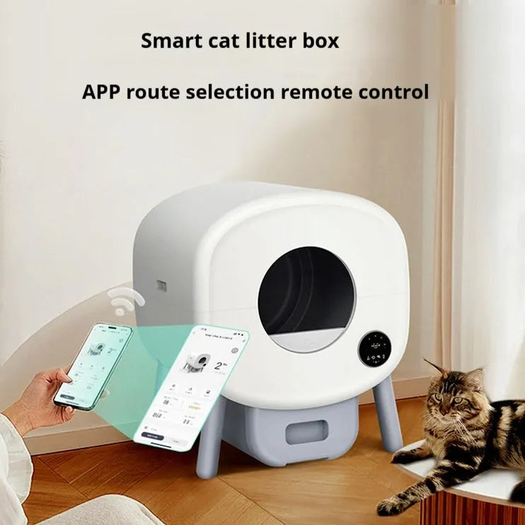Automatic self-cleaning cat litter box with waste drawer, made from white ABS plastic.
