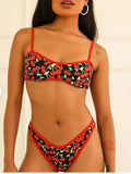 Cherry print tube top bikini swimsuit for women, polyester two-piece with briefs-style bottoms.