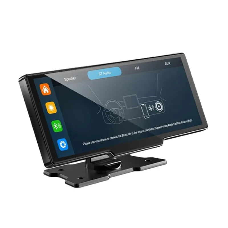 10.26-inch black car navigation device with touch screen showing split display of front and rear camera views