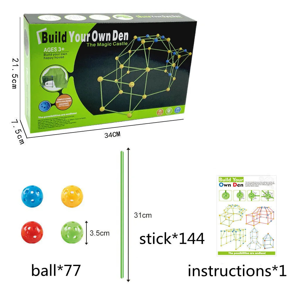 Luminous plastic fort building kit for kids with connecting sticks, balls, and storage bag.