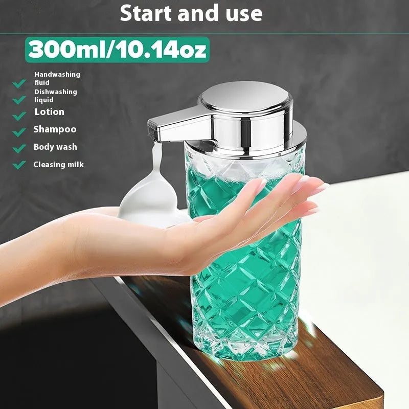 Silver automatic soap dispenser with sensor and Type-C charging port on a bathroom counter.