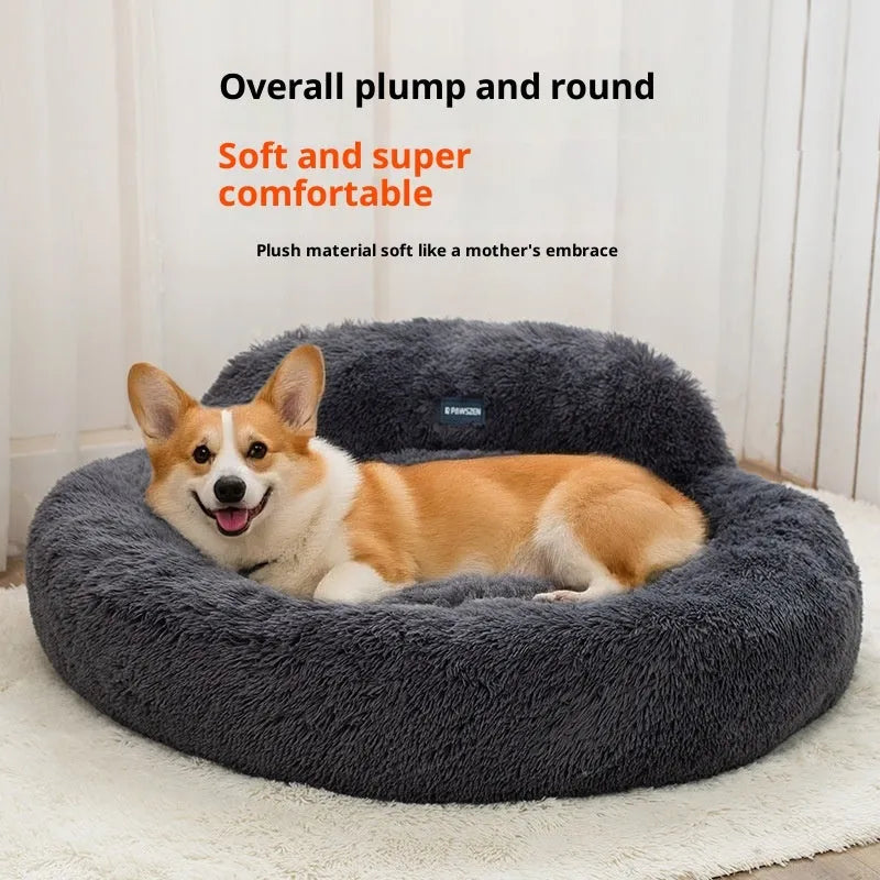 Round soft cloth cat bed with long wool backrest, 48cm diameter, light gray