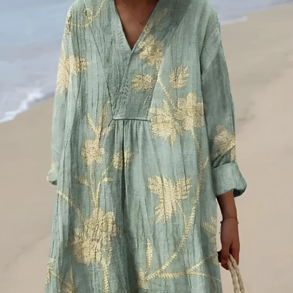 Long sleeve casual floral shirt dress with 3D printed pattern and wide waist.