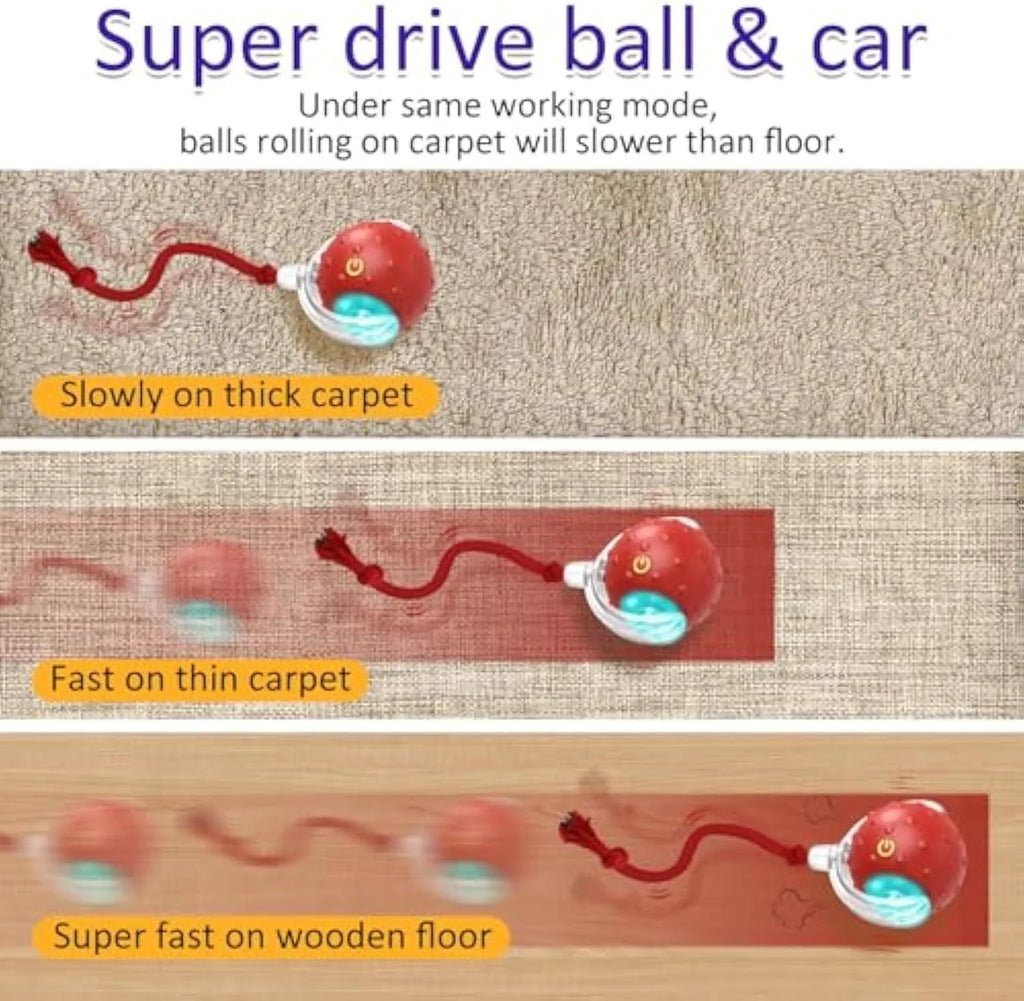 Red motion-activated chirping cat toy rolling on carpet with fast action