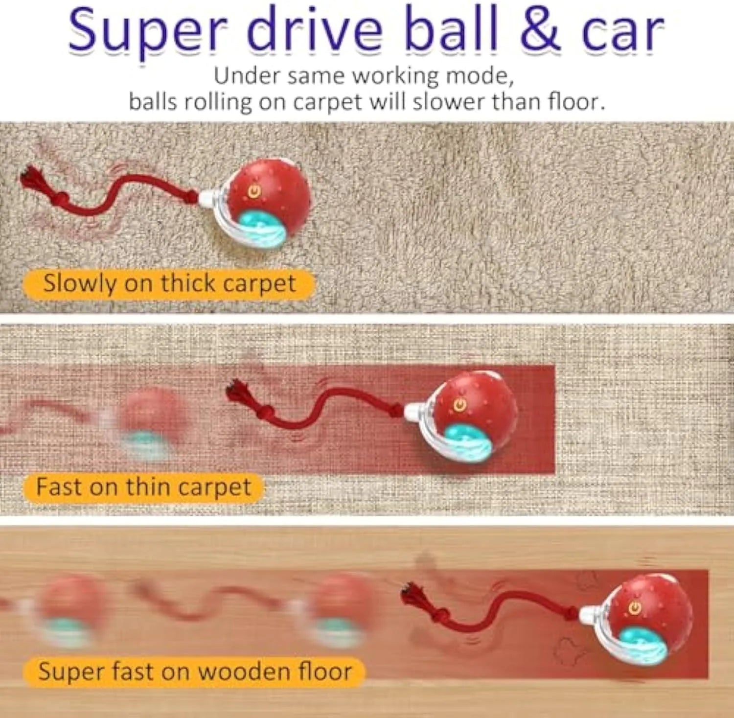 Red motion-activated chirping cat toy rolling on carpet with fast action