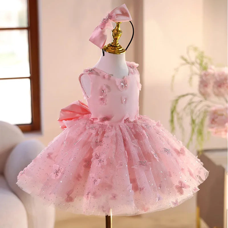 Pink children's little princess dress with polyester fibre fabric, suitable for heights 80-150cm, flower girl style