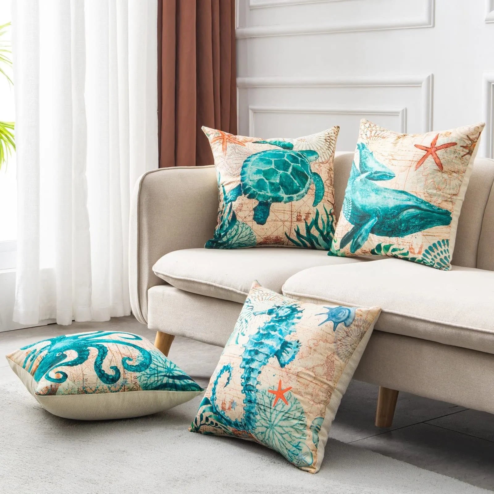 Square linen cushion cover with sea turtle printed design measuring 45x45cm