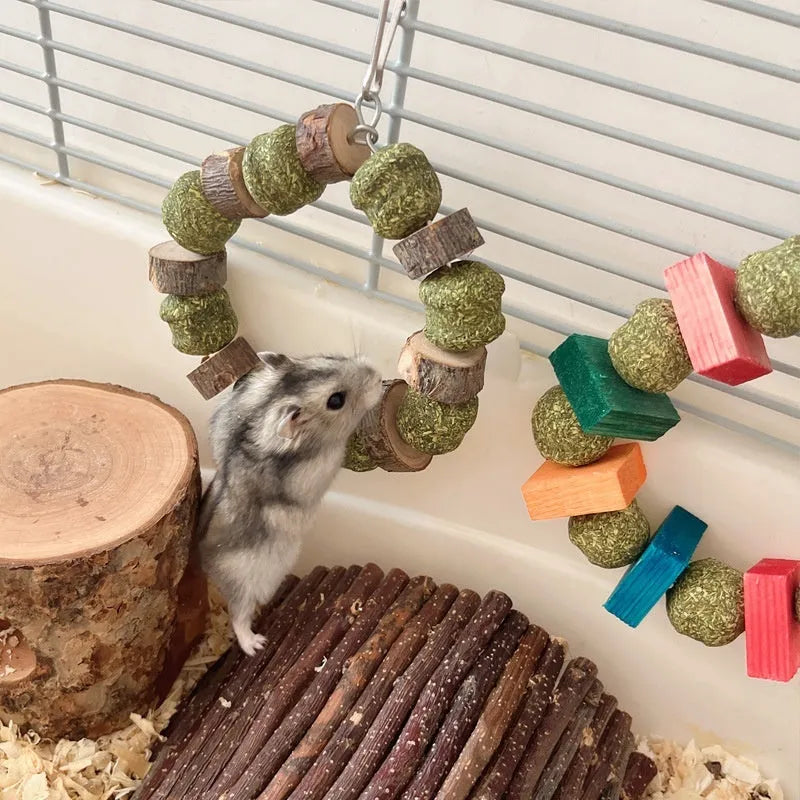 Hamster chew toy with straw ball ring and molar rod for small animal dental care
