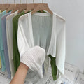 Hollow thin loose lantern sleeve sun protective blouse in polyester linen blend, available in multiple colours