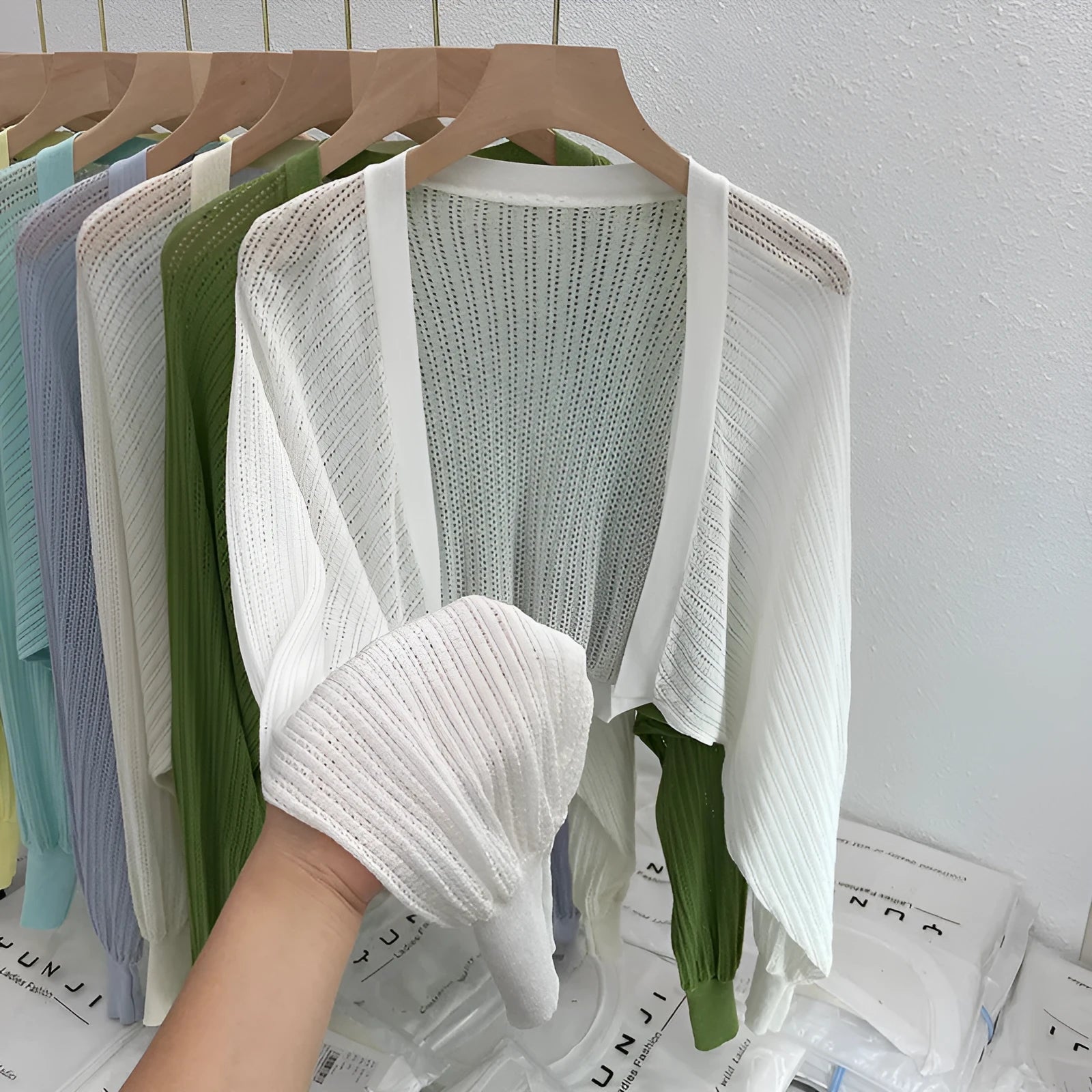 Hollow thin loose lantern sleeve sun protective blouse in polyester linen blend, available in multiple colours