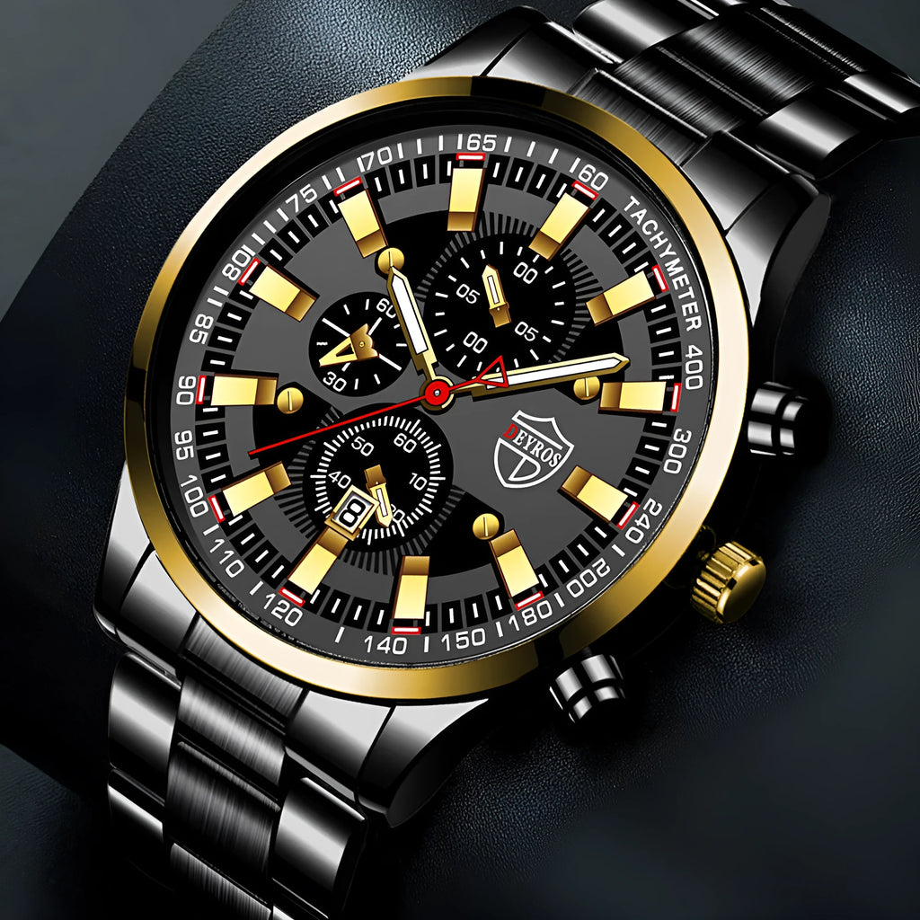 Men's stainless steel luminous quartz wristwatch with calendar, 42mm dial, black face, mineral glass mirror, single fold buckle