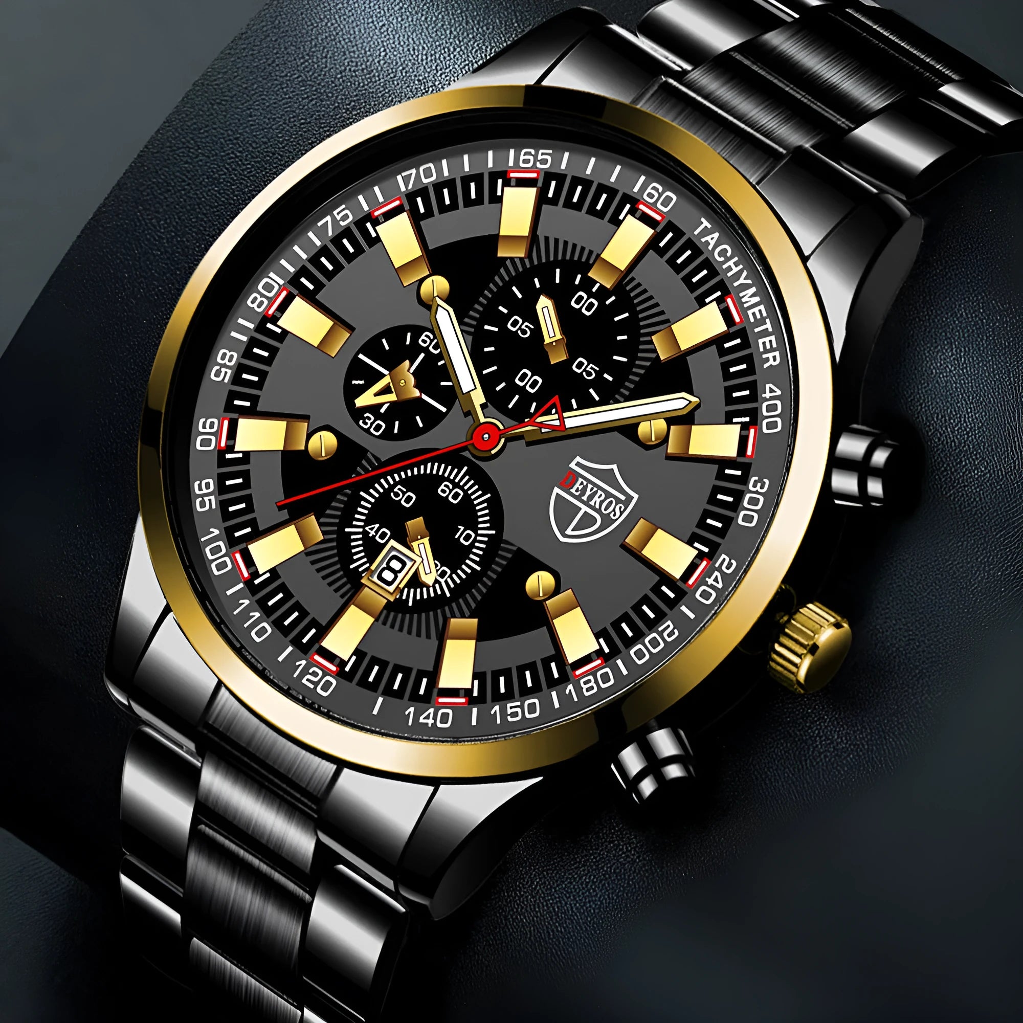 Men's stainless steel luminous quartz wristwatch with calendar, 42mm dial, black face, mineral glass mirror, single fold buckle