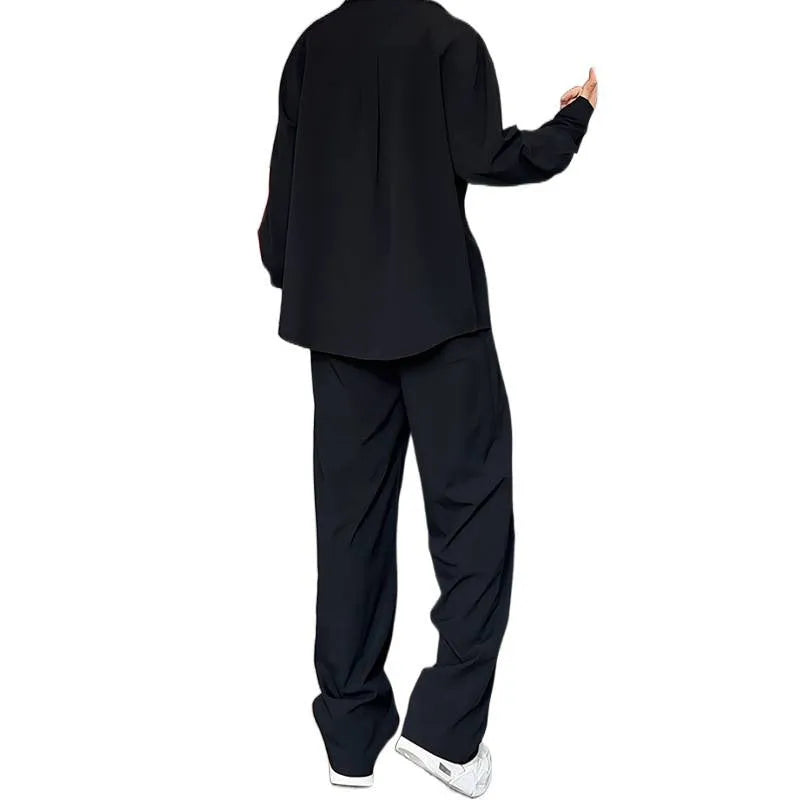 Men's black slim fit polo shirt and trousers two-piece casual suit made from elastic hemp fabric