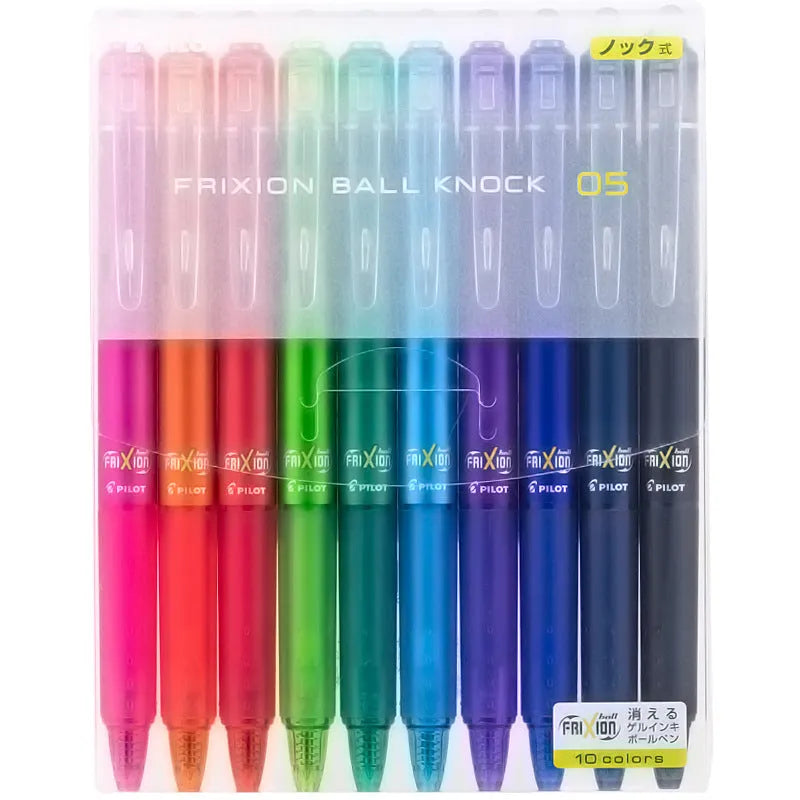 Ten colour press open neutral pen set with 0.5mm fine tips and scrub erasers in black, red, and blue shells.